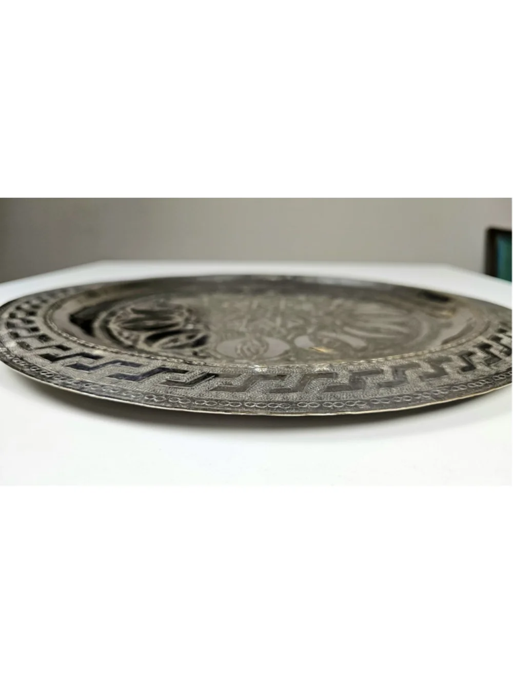 Vintage Moroccan Tea Tray Silver Plated Hand Engraved Geometric 13.5